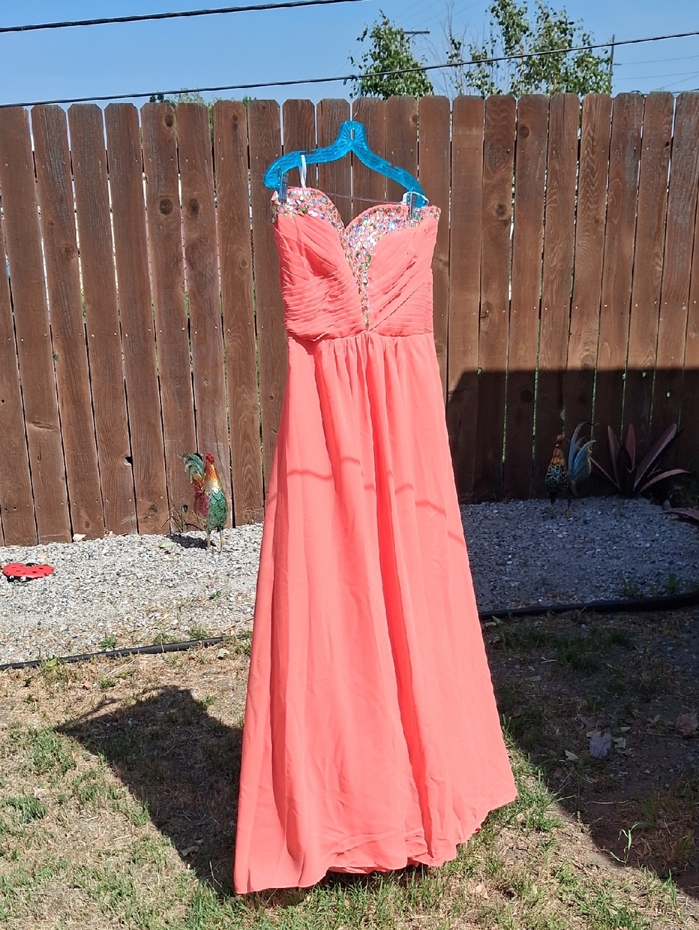 Strapless Coral Evening Gown with Embellished Sweetheart Bodice - Picture 1 of 6